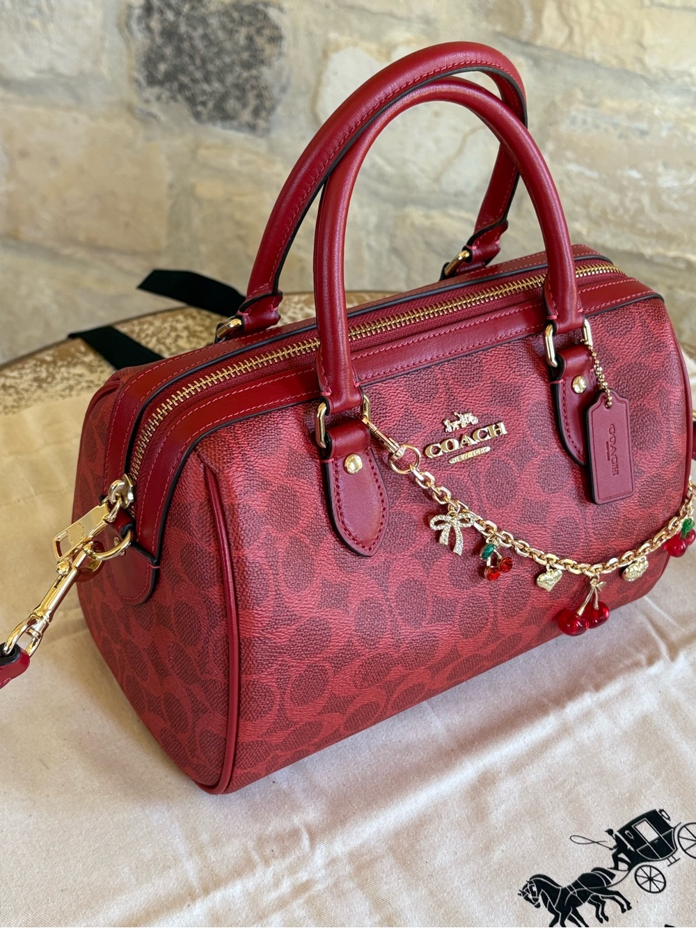 Coach Red Signature Satchel with Matching Wristlet and Charm - Picture 5 of 14